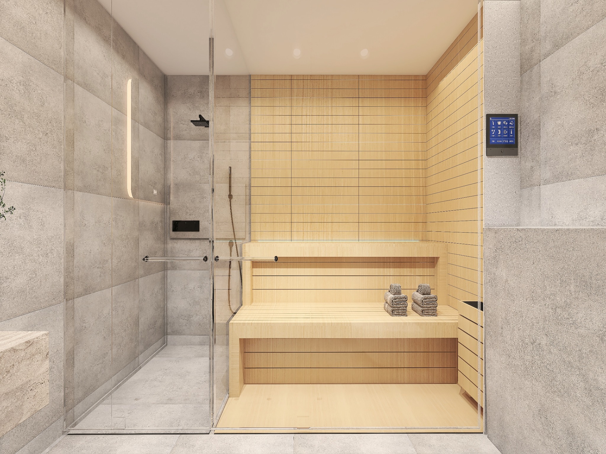 Nowoczesna łazienka z przeszkloną kabiną prysznicową i sauną wyłożoną jasnym drewnem, z panelem sterowania cyfrowego na ścianie.