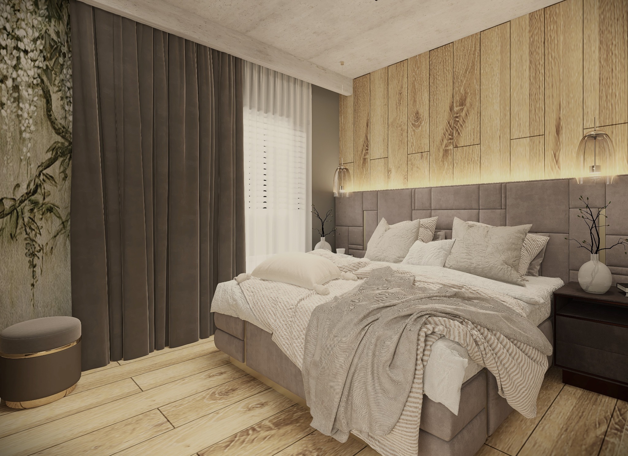 Sypialnia w neutralnych barwach z drewnianą ścianą, pluszowym zagłówkiem, i zasłonami z motywem roślinnym, oświetlona wiszącymi lampami i naturalnym światłem wpadającym przez okno.