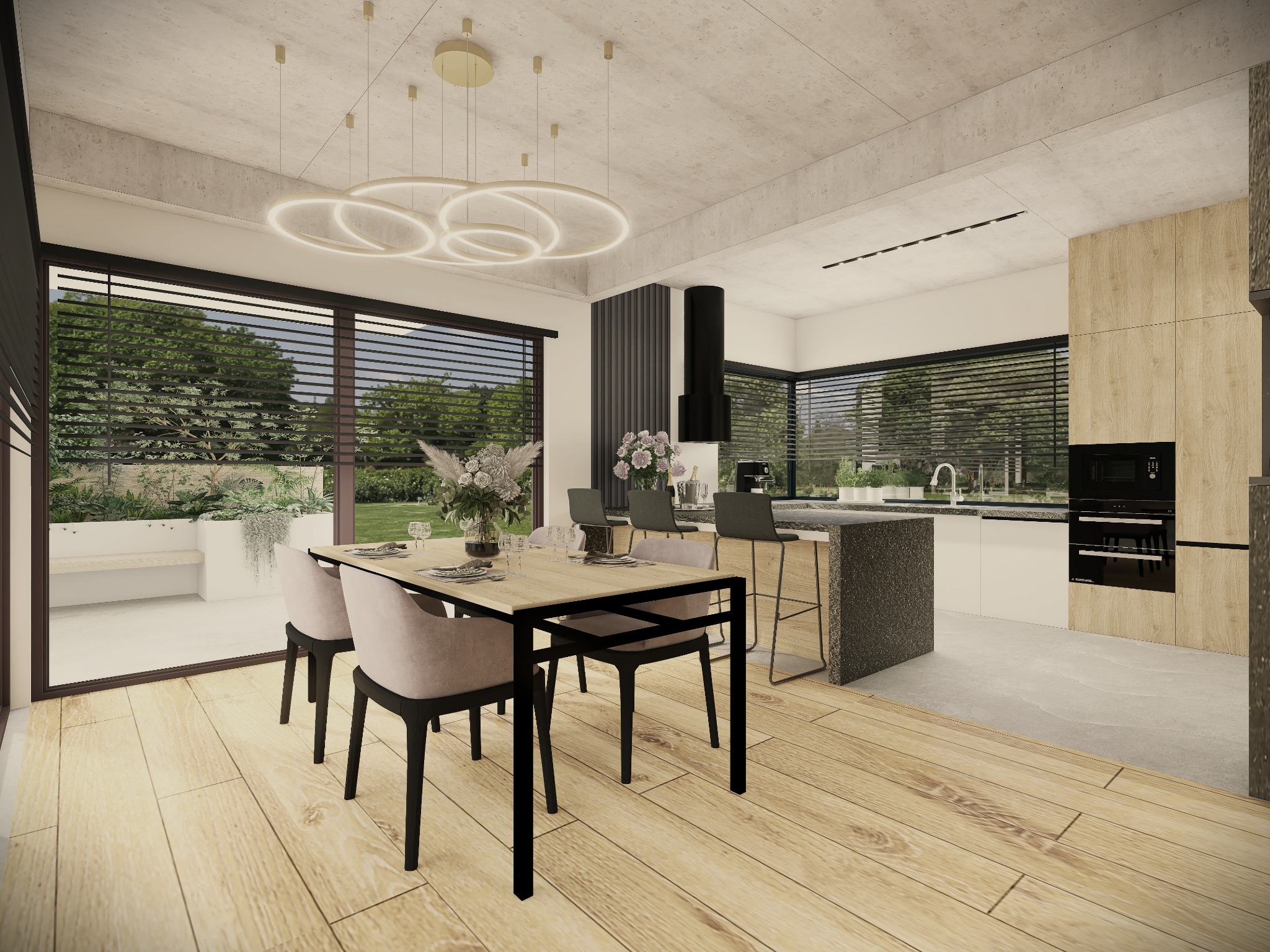 Wizualizacja przestronnej kuchni z jadalnią, drewniana podłoga, stół z krzesłami, wyspa kuchenna z hokerami, duże okna z widokiem na ogród, nowoczesne oświetlenie sufitowe.