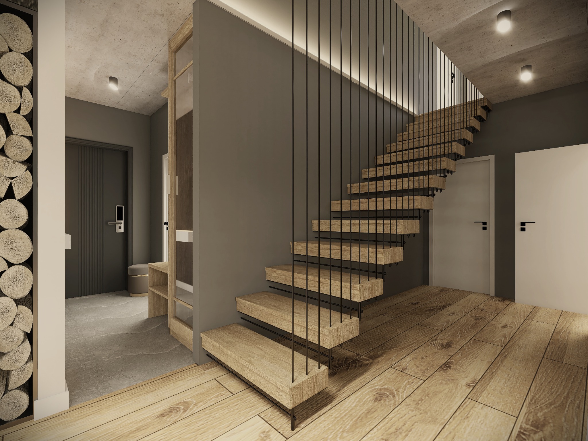 Nowoczesne schody drewniane z czarnymi metalowymi prętami balustrady w minimalistycznym wnętrzu z betonowym sufitem i drewnianą podłogą.