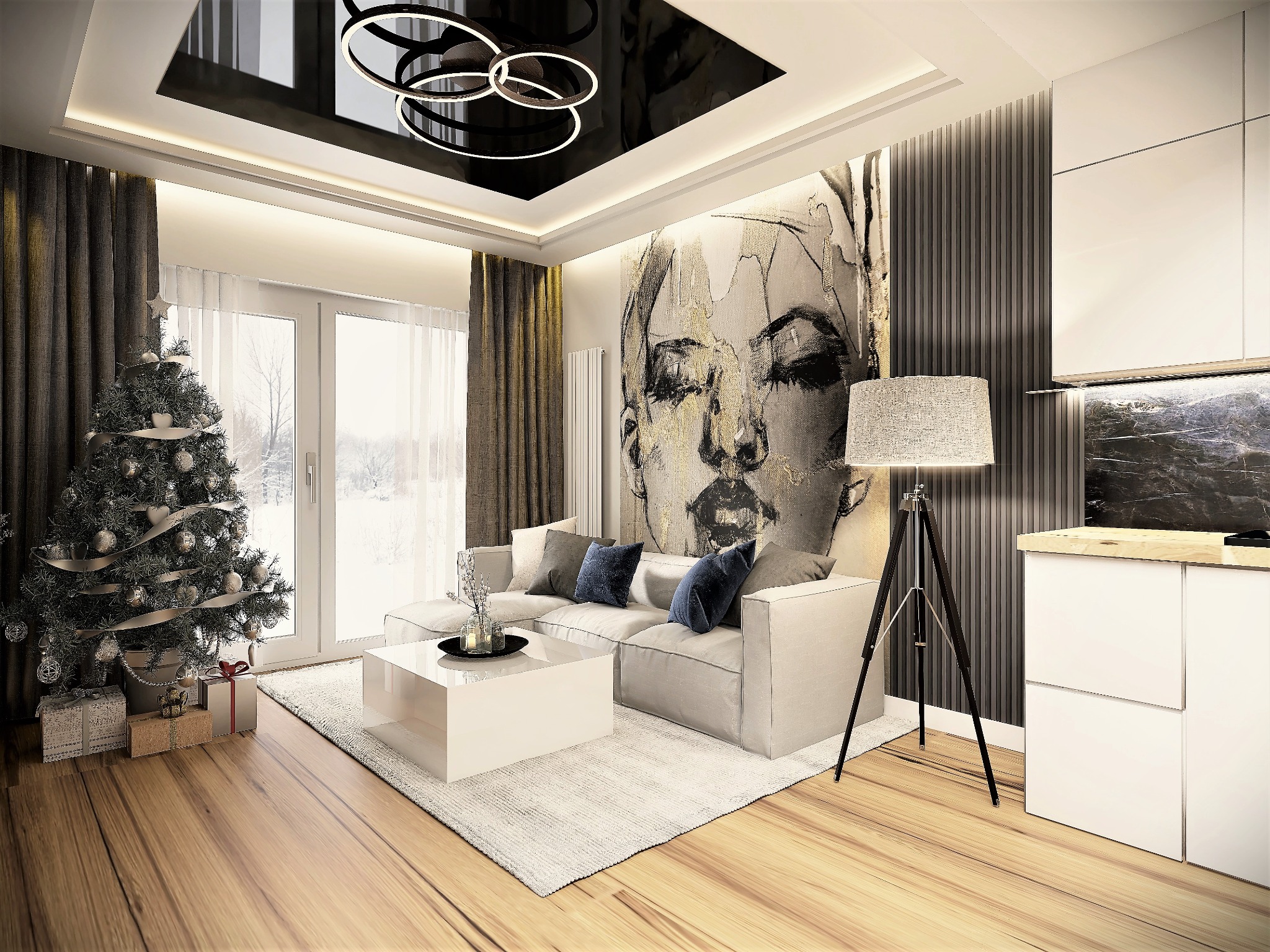 Nowoczesny salon z sofą narożną, abstrakcyjnym portretem na ścianie, choinką przy oknie i czarnym, podwieszanym sufitem z okrągłymi lampami.