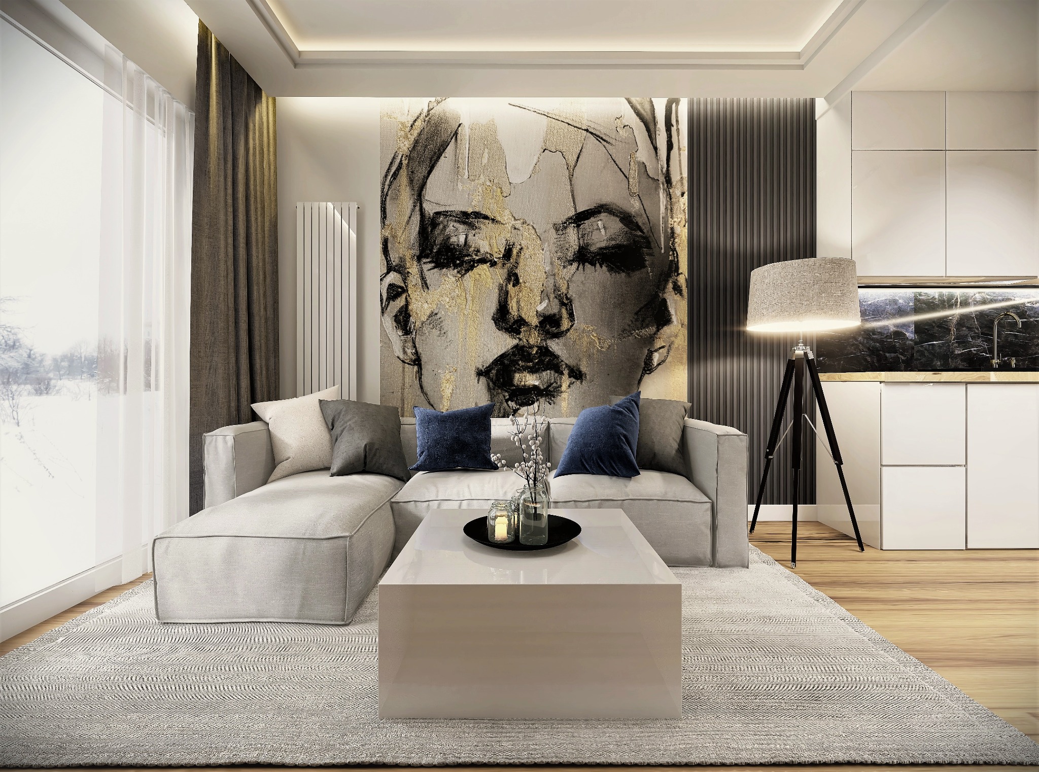 Jasne wnętrze salonu z aneksem kuchennym w neutralnych barwach, z dużym obrazem kobiety na ścianie, szary narożnik, biały stolik kawowy i lampa trójnóg.