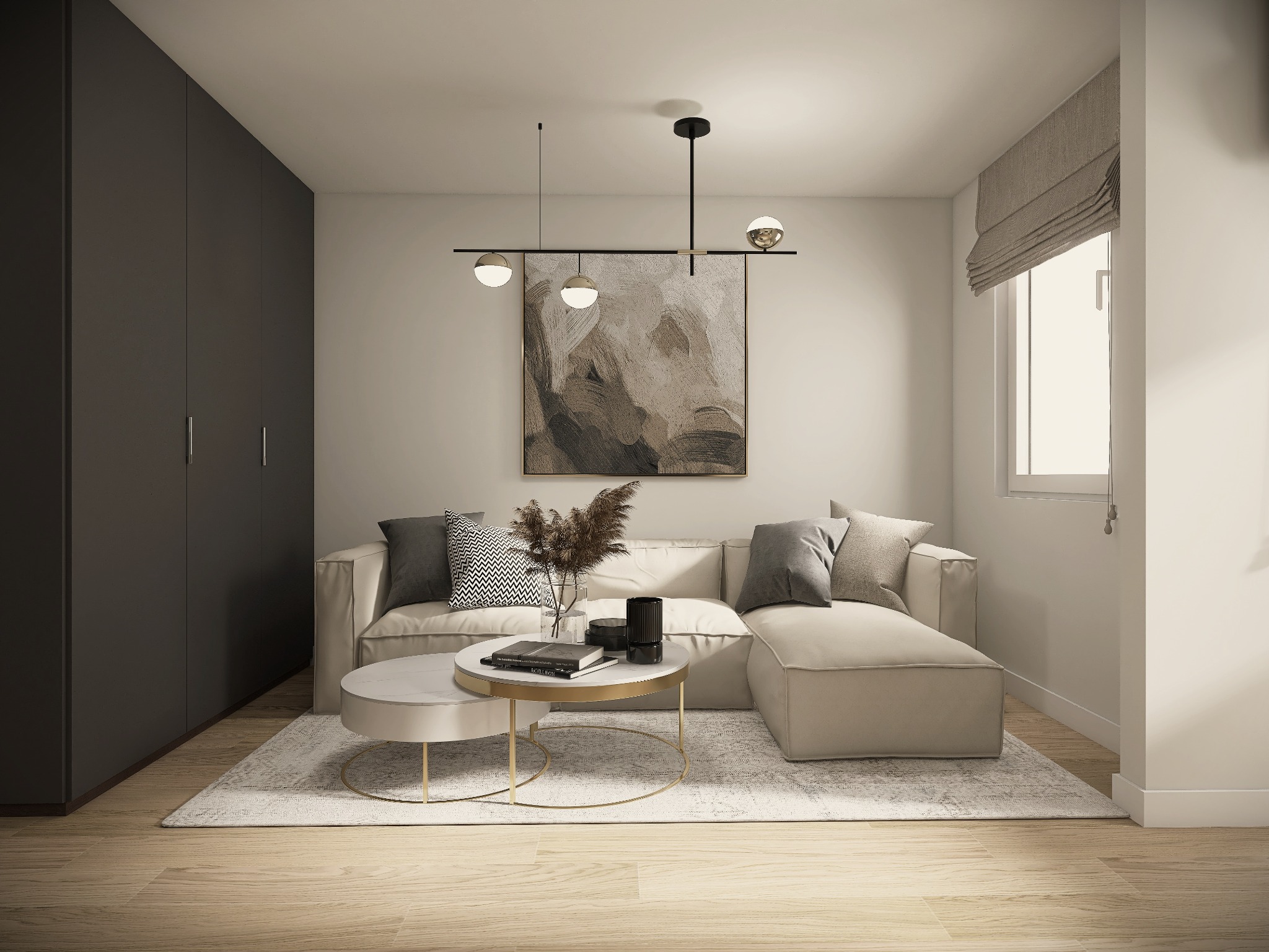 Jasny salon z narożną sofą, okrągłym stolikiem kawowym z marmurowym blatem, abstrakcyjnym obrazem i nowoczesnym oświetleniem.