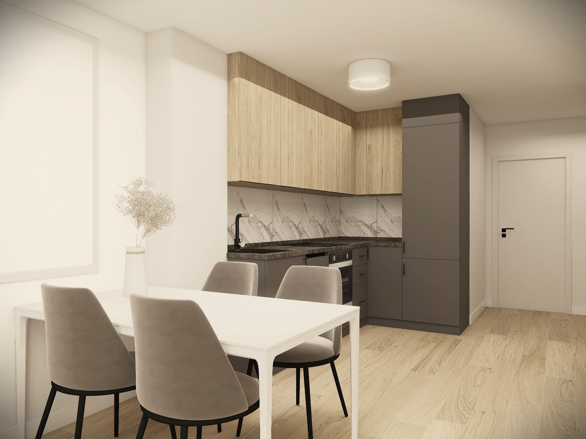 Wizualizacja nowoczesnej kuchni z drewnianymi szafkami górnymi, marmurowym backsplashiem i szarymi szafkami dolnymi, uzupełniona białym stołem jadalnym z czterema szarymi krzesłami...