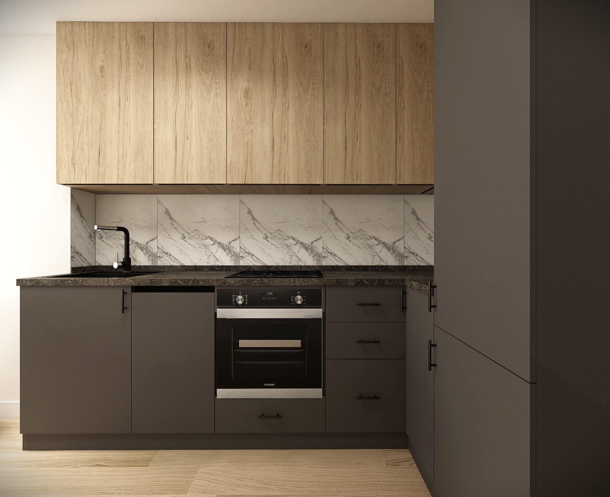 Wizualizacja nowoczesnej kuchni z drewnianymi szafkami górnymi, szarymi szafkami dolnymi, blatem imitującym kamień i marmurowym backsplashiem.