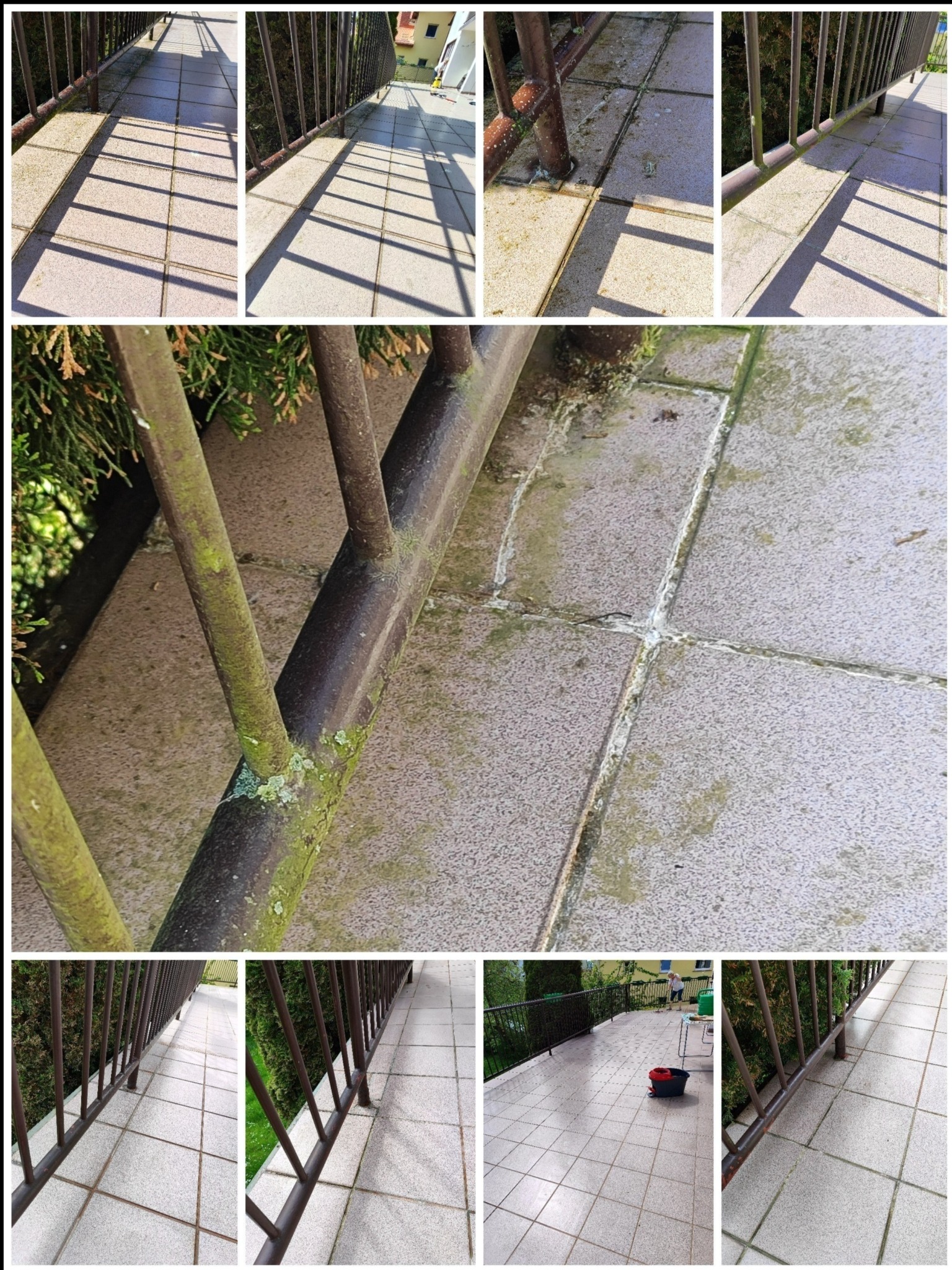 Zaniedbany balkon z porostami na balustradzie i zabrudzeniami na płytkach. Widoczne ślady wilgoci i brak pielęgnacji. Potrzebne profesjonalne czyszczenie i konserwacja.