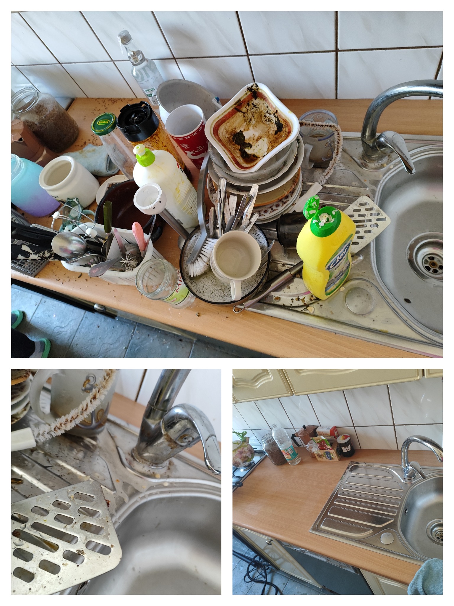 Zaniedbany zlew kuchenny: sterta brudnych naczyń, resztki jedzenia i zabrudzenia na blacie. Dolne kadry ukazują detale zanieczyszczeń oraz czysty zlew po sprzątaniu.