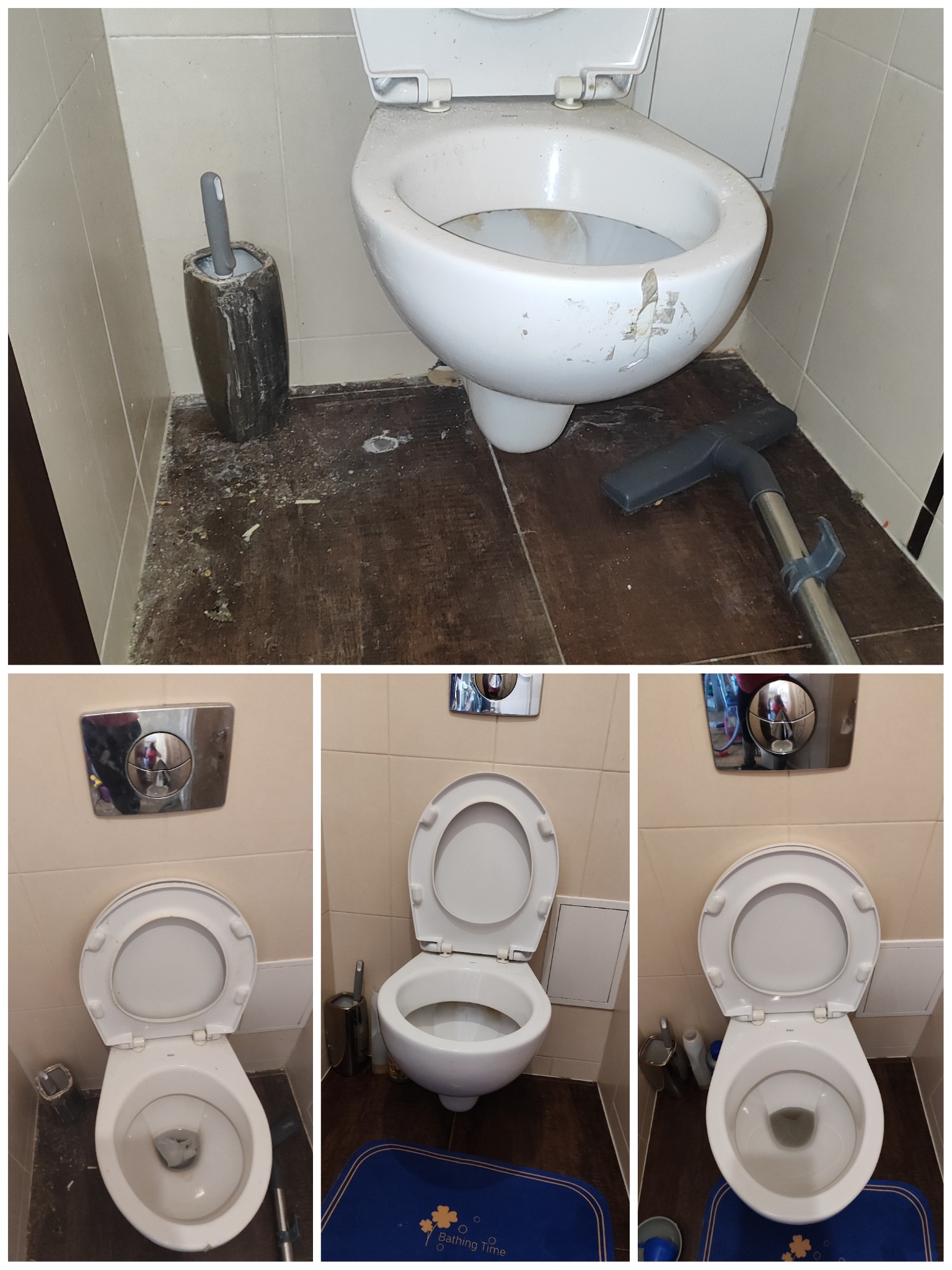 Zaniedbana toaleta przed sprzątaniem: widoczne zabrudzenia na podłodze, muszli i akcesoriach. Rura od odkurzacza obok muszli. Trzy ujęcia toalety w różnych kadrach.