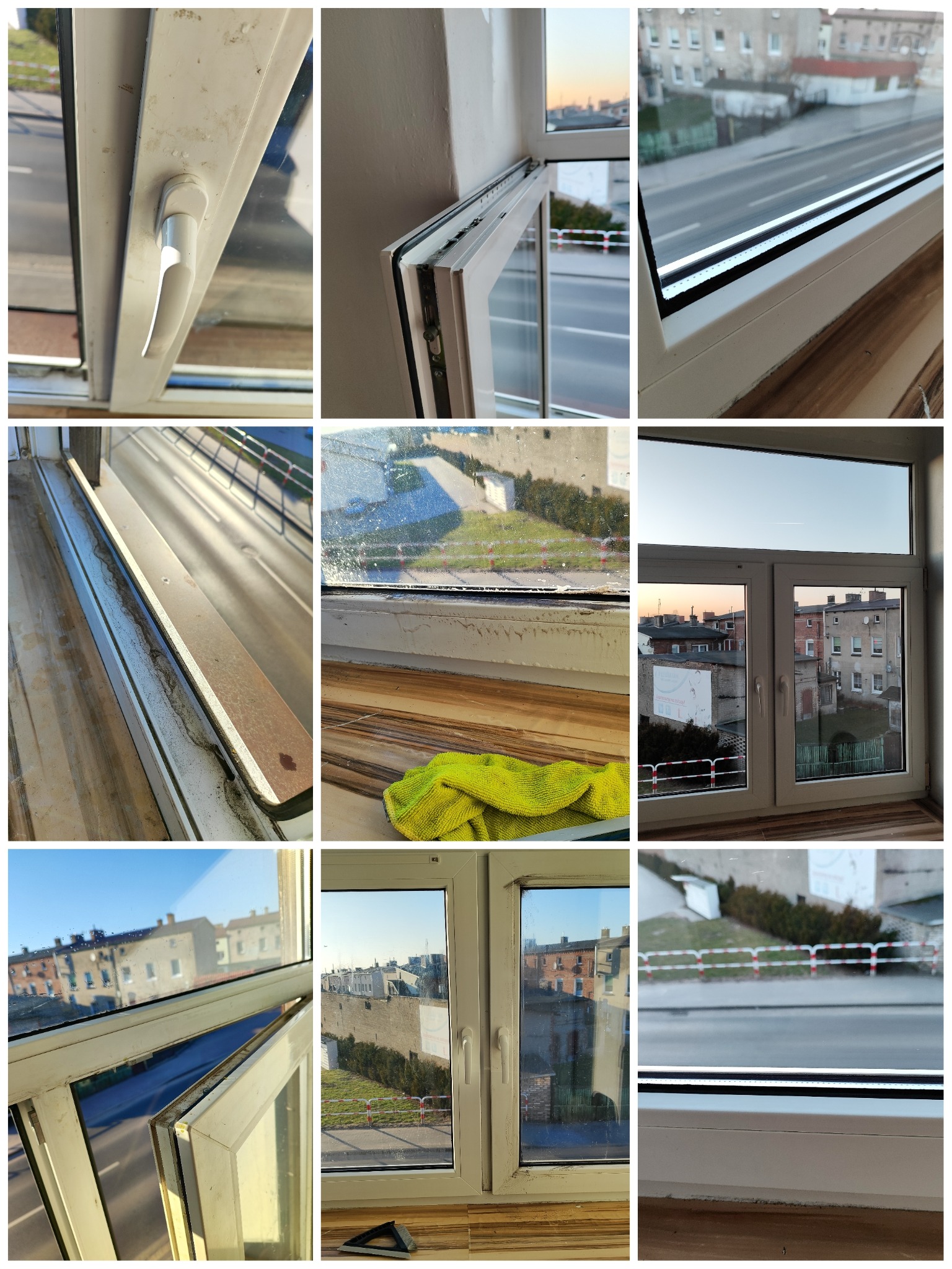 Kolaż okien przed i po czyszczeniu, z detalami brudnych ram i szyb oraz narzędziami. Widoczne budynki za oknem. Żółta ścierka na parapecie.