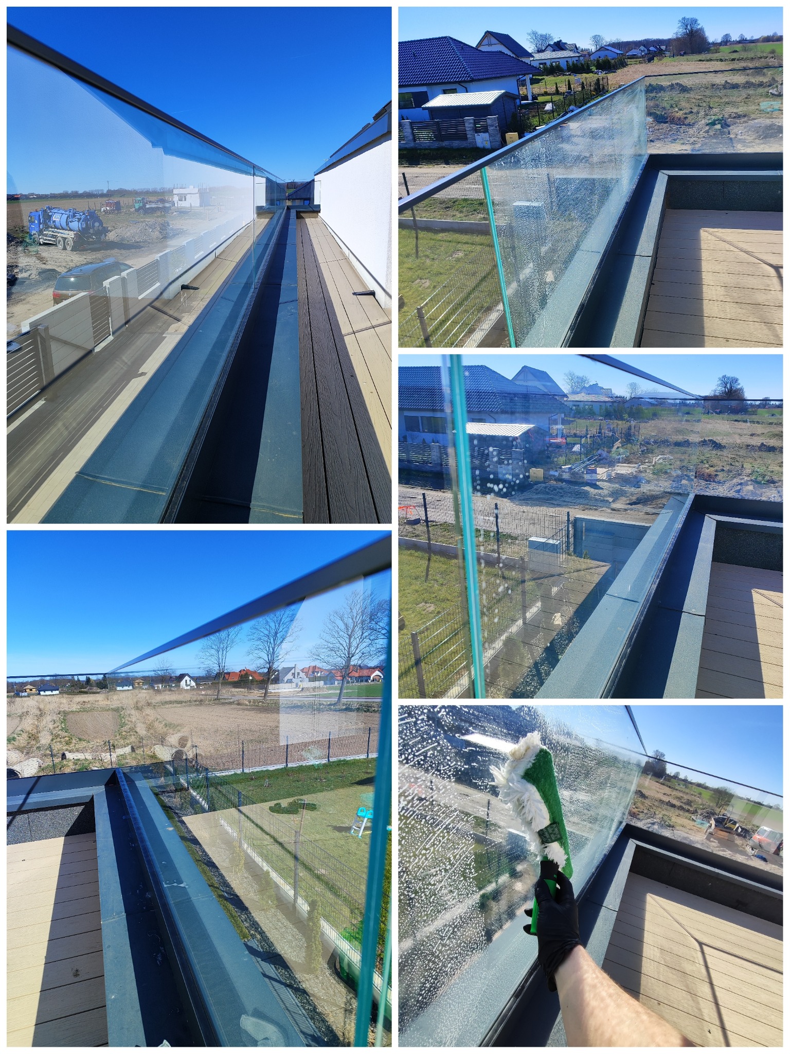 Mycie szklanej balustrady na tarasie domu jednorodzinnego. Widok z góry, czyszczenie za pomocą mopa, na zewnątrz widoczne domy i zieleń. Słoneczny dzień.