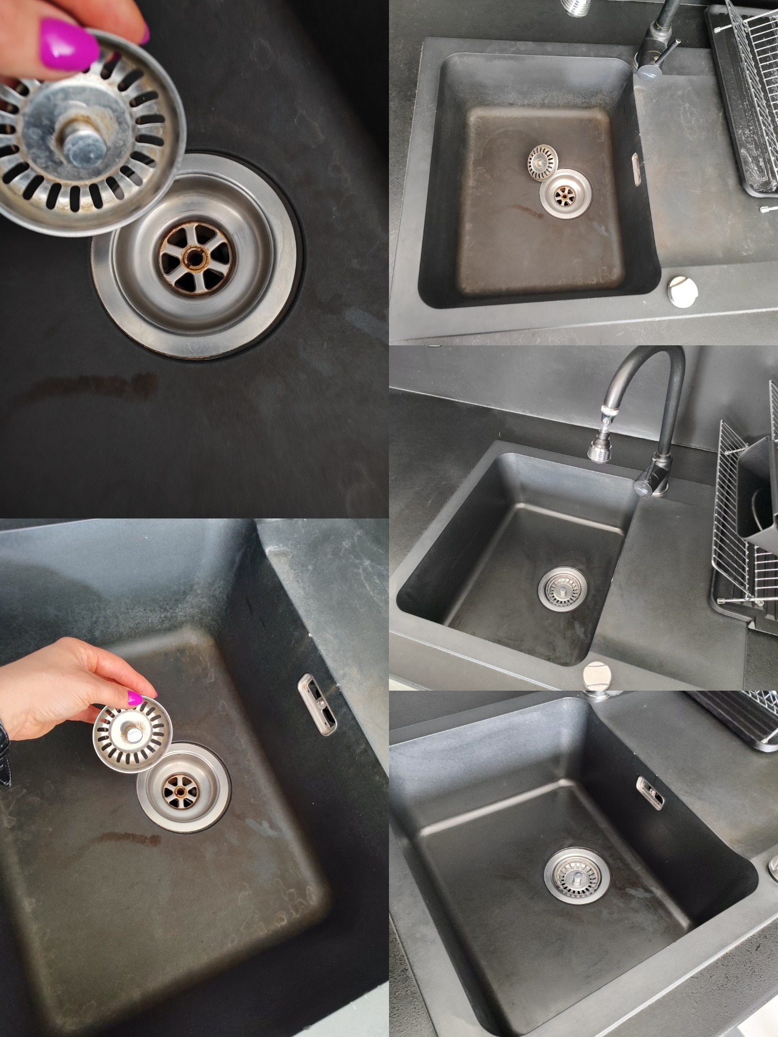 Czyszczenie zlewu: Ujęcie przed i po usunięciu zabrudzeń. Widoczny czarny, jednokomorowy zlew granitowy, bateria i ociekacz. Na pierwszym planie wyjmowany sitko.