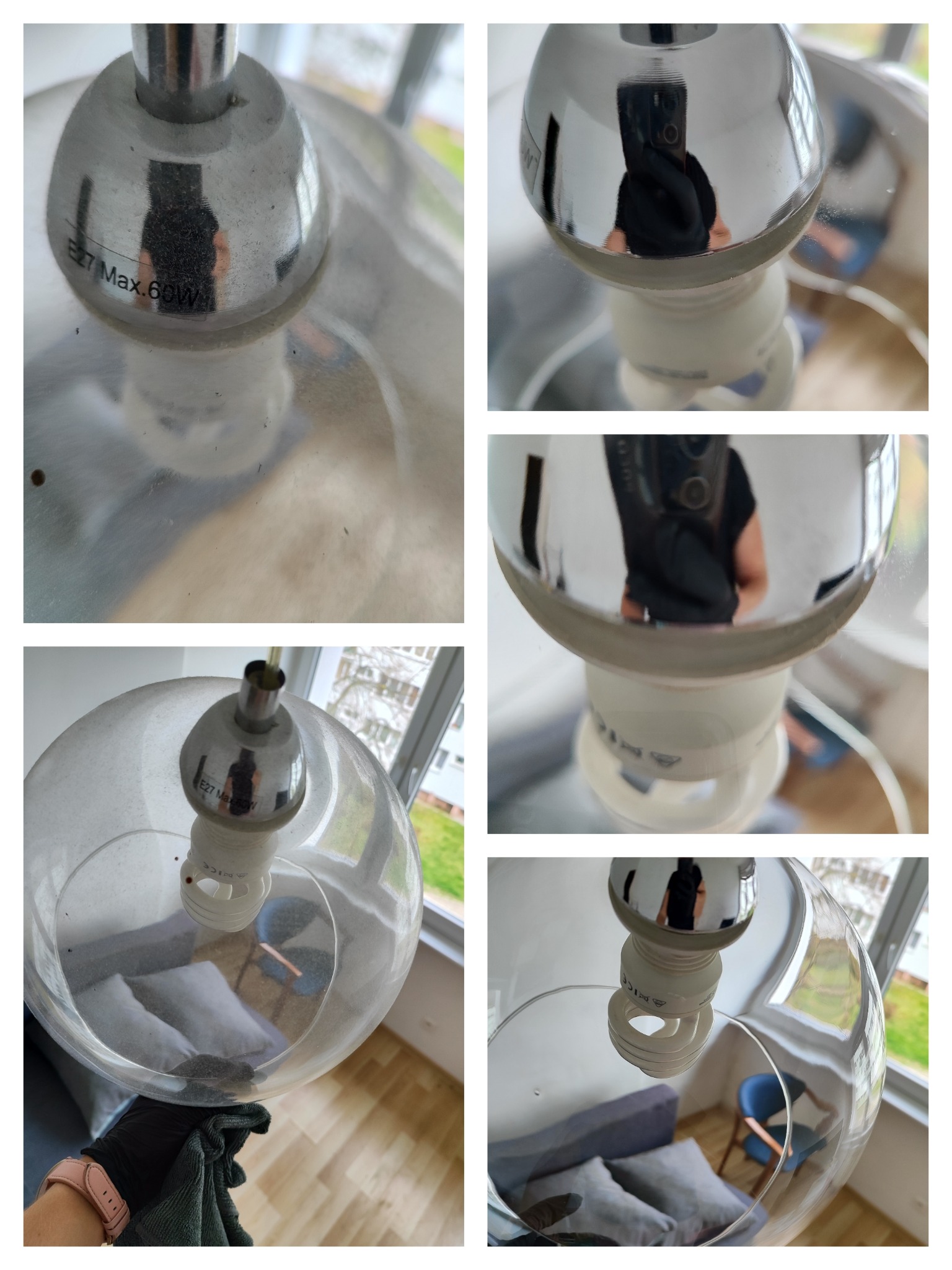 Czyszczenie szklanej lampy wiszącej z żarówką E27, widoczne smugi i kurz przed czyszczeniem, dłoń w czarnej rękawiczce z mikrofibrą w trakcie pracy.