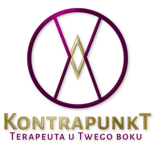 Logo firmy Kontrapunkt Terapeuta u Twego Boku, przedstawiające purpurowy okrąg przecięty dwiema liniami tworzącymi kształt litery X, z złotym rombem pośrodku.