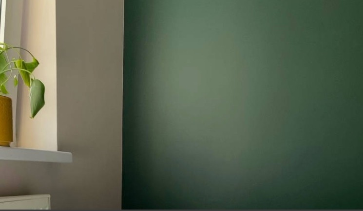 Ściana pomalowana na ciemny odcień zieleni, kontrastująca z jasnym parapetem i rośliną doniczkową w żółtej osłonce.