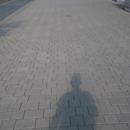 Tomasz Rychlik - Szara kostka brukowa na chodniku w perspektywie z cieniem osoby. W tle budynki i drzewa. Ujęcie z dołu, podkreślające regularny wzór kostki.