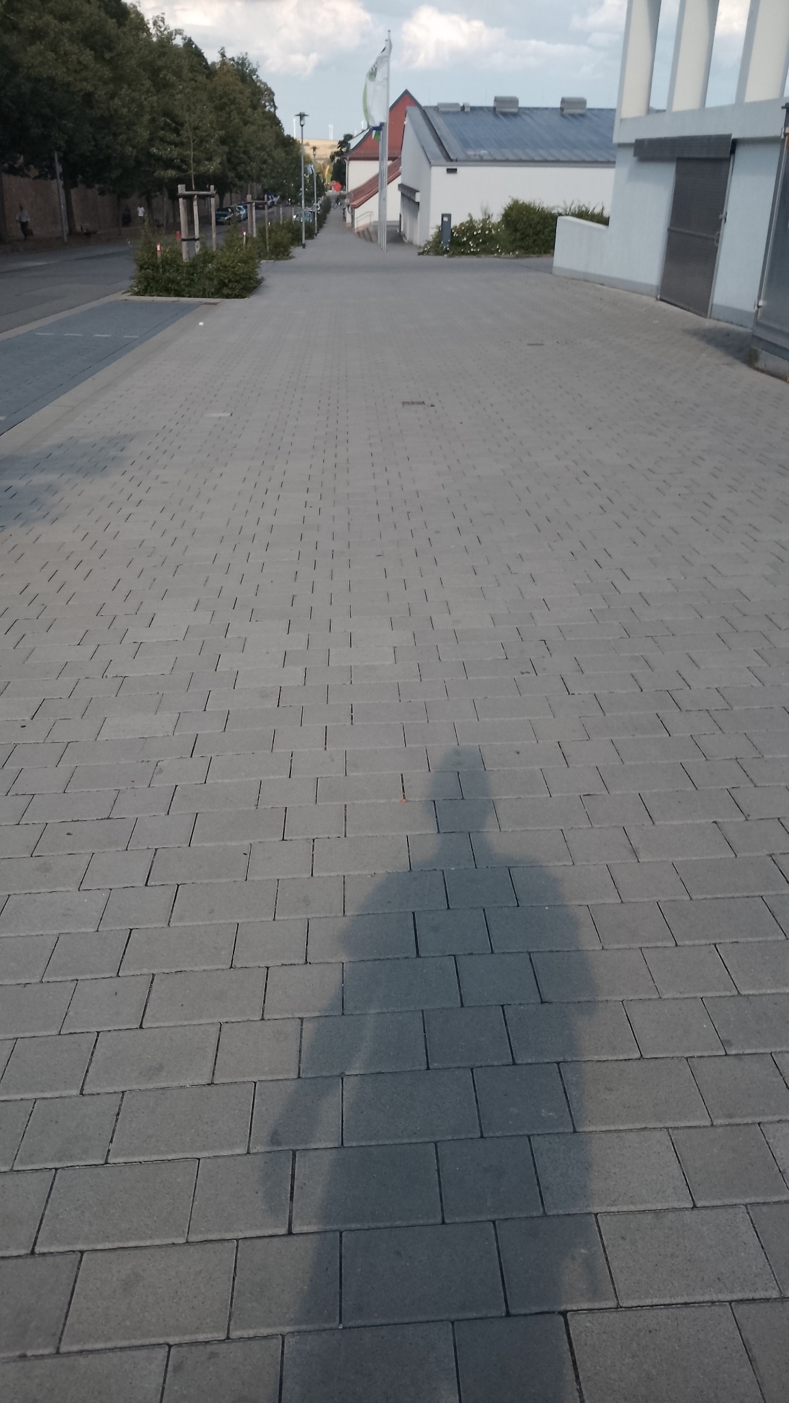 Szara kostka brukowa na chodniku w perspektywie z cieniem osoby. W tle budynki i drzewa. Ujęcie z dołu, podkreślające regularny wzór kostki.