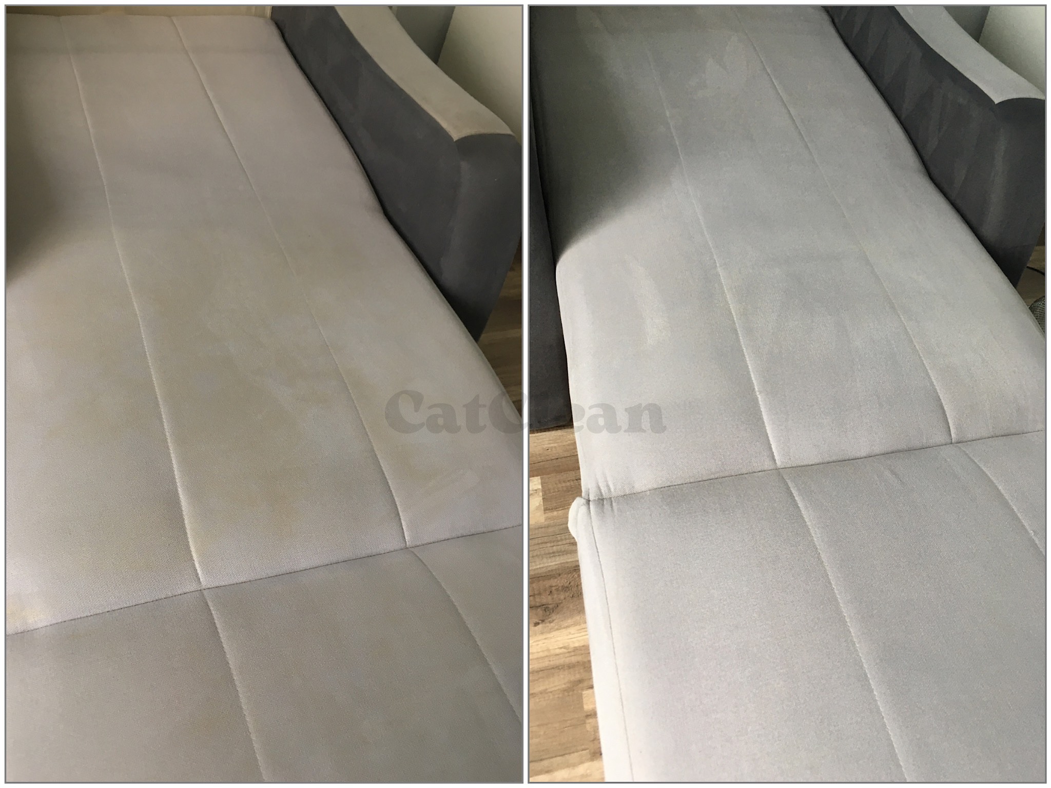 Porównanie stanu sofy przed i po czyszczeniu, widoczne wyraźne usunięcie plam i zabrudzeń na jasnej tapicerce.