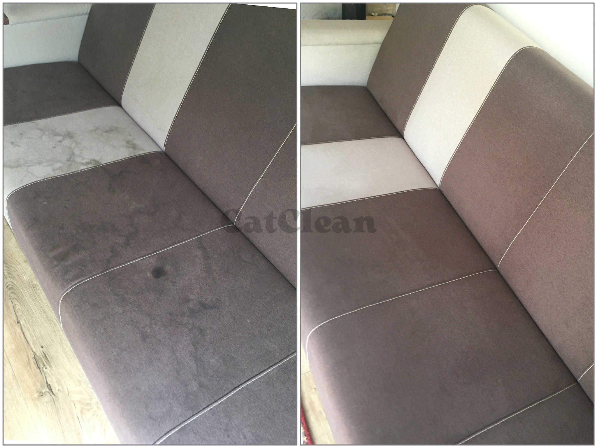 Dwu-segmentowe zdjęcie przedstawia sofę przed i po czyszczeniu. Po lewej stronie widoczne plamy i zabrudzenia na brązowym materiale, po prawej stronie sofa jest czysta i odświeżona, z zachowaniem...