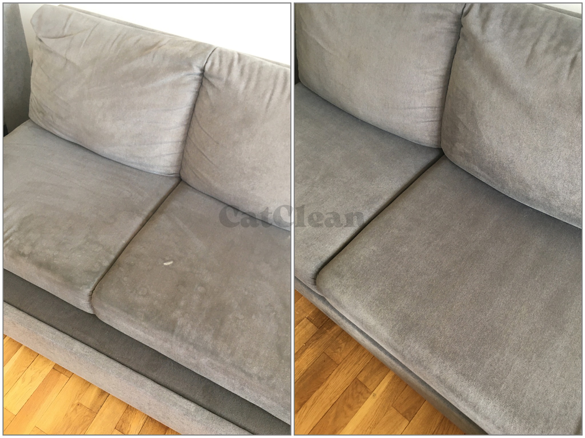 Porównanie stanu sofy przed i po czyszczeniu: po lewej widoczne plamy i zabrudzenia, po prawej jednolity, czysty odcień szarości na welurowej tapicerce.