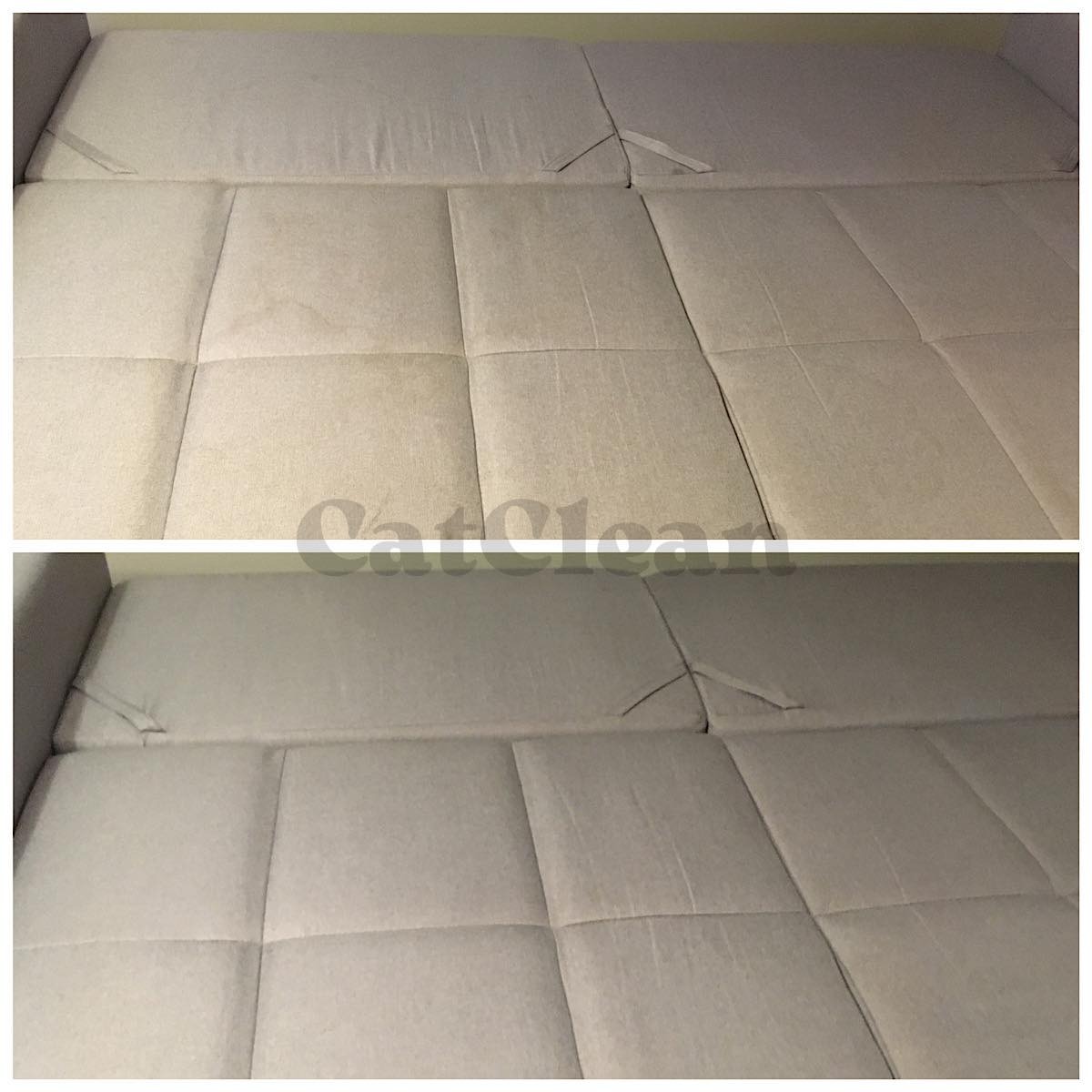 Dwuczęściowe zdjęcie przedstawia sofę przed i po praniu. Górna część pokazuje zabrudzoną sofę z plamami, a dolna część pokazuje tą samą sofę po czyszczeniu, bez widocznych zabrudzeń.