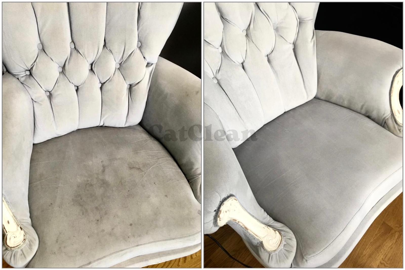 Kadr przedstawia fotel tapicerowany jasnoszarą tkaniną typu velvet, podzielony na dwie części: po lewej stronie widoczny jest silnie zabrudzony fragment siedziska, natomiast po prawej stronie, po...