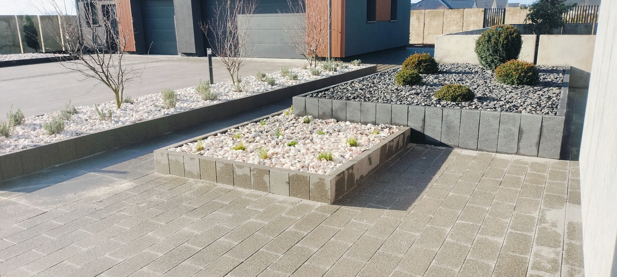 Nowoczesny ogród z podwyższonymi rabatami z betonowych elementów, wypełnionymi białym i czarnym kamieniem oraz roślinami. Kostka brukowa na pierwszym planie.