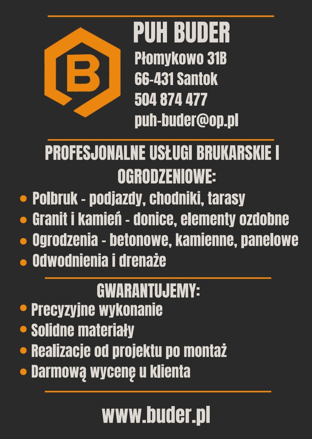 Profesjonalne usługi brukarskie i ogrodzeniowe: polbruk, granit, kamień, ogrodzenia betonowe, kamienne, panelowe, odwodnienia i drenaże. Gwarantujemy precyzję i solidne materiały.