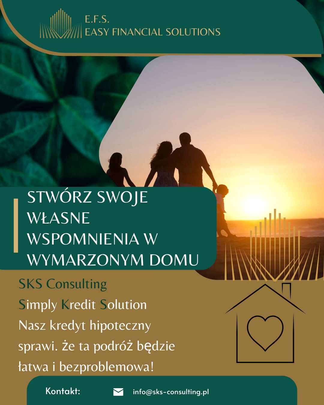 Rodzina podziwia zachód słońca na plaży, symbolizująca marzenia o własnym domu, oferta kredytu hipotecznego w Warszawie.