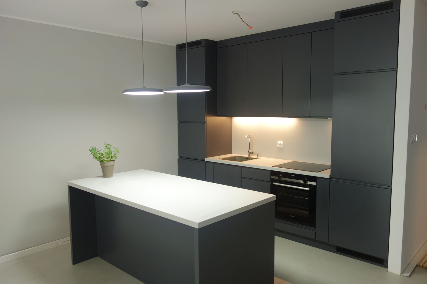Nowoczesna kuchnia w odcieniach szarości z wyspą i minimalistycznym oświetleniem, na blacie wyspy doniczka z ziołami.