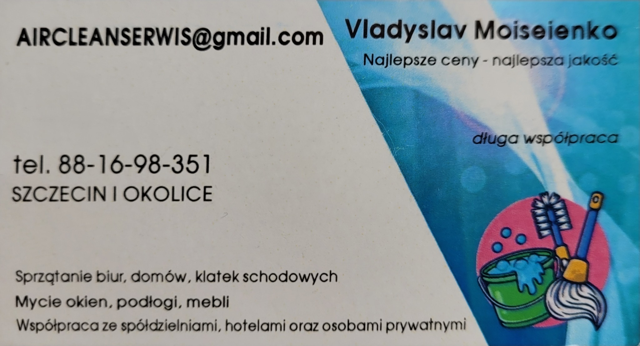 Wizytówka firmy sprzątającej AIRCLEANSERWIS z adresem email, numerem telefonu ze Szczecina i okolic, imieniem i nazwiskiem Vladyslav Moiseienko oraz hasłem Najlepsze ceny - najlepsza jakość,...