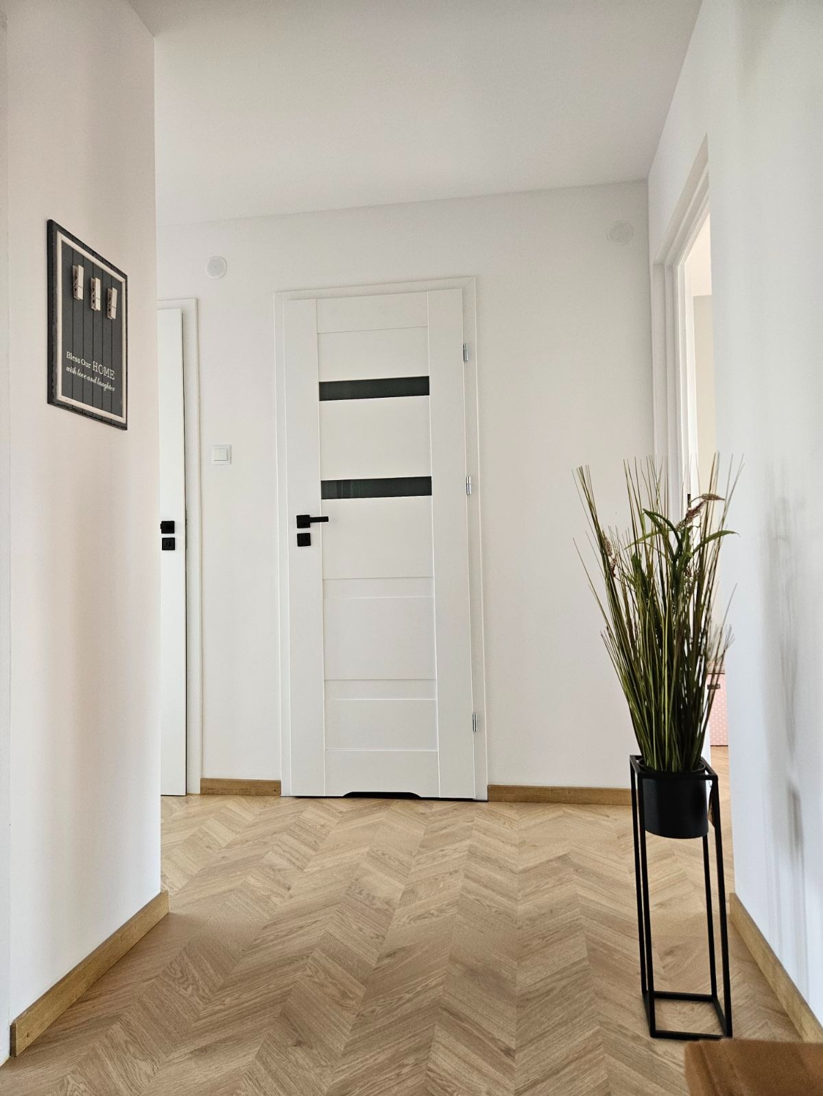 Jasny korytarz z parkietem w jodełkę. Białe ściany, drzwi z czarnymi akcentami, minimalistyczny obrazek i wysoka roślina w czarnej donicy.