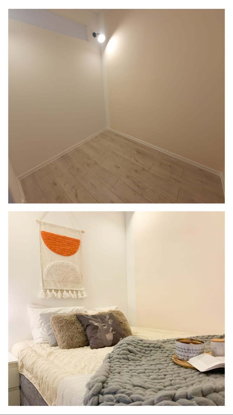 Jasne panele podłogowe w rogu pokoju, kremowe ściany z listwami przypodłogowymi i łóżko z dekoracyjną narzutą i poduszkami. Minimalistyczny wystrój wnętrza.