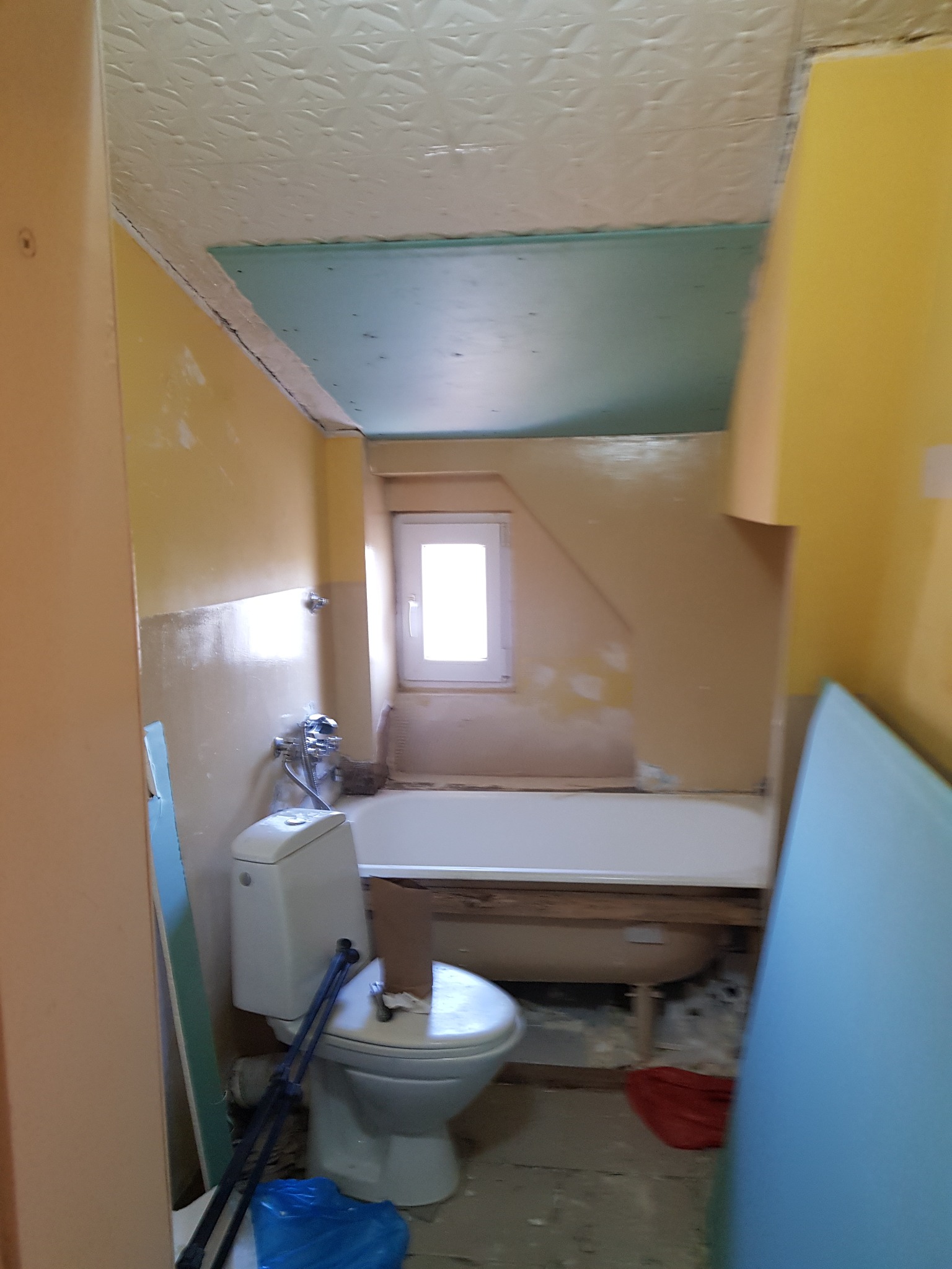 Łazienka w trakcie demontażu, widoczna wanna, toaleta, ściany przygotowane do remontu, sufit z zieloną płytą gipsową.