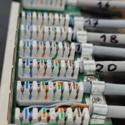 Szczegółowe ujęcie panelu krosowniczego z podłączonymi i oznaczonymi kablami sieciowymi, widoczne kolorowe żyły w złączach i numery na kablach.