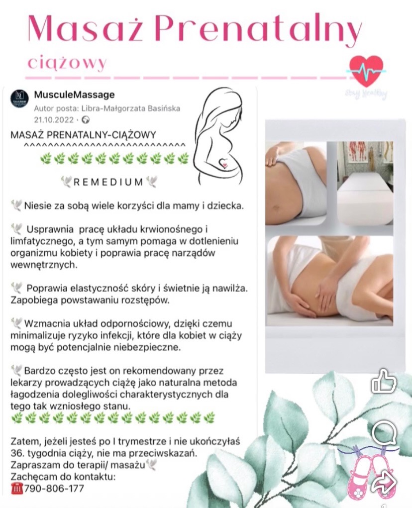 Post z informacją o masażu prenatalnym: kobieta w ciąży na łóżku do masażu, delikatny dotyk na brzuchu. Grafika z tekstem, logo i rysunkiem kobiety w ciąży.