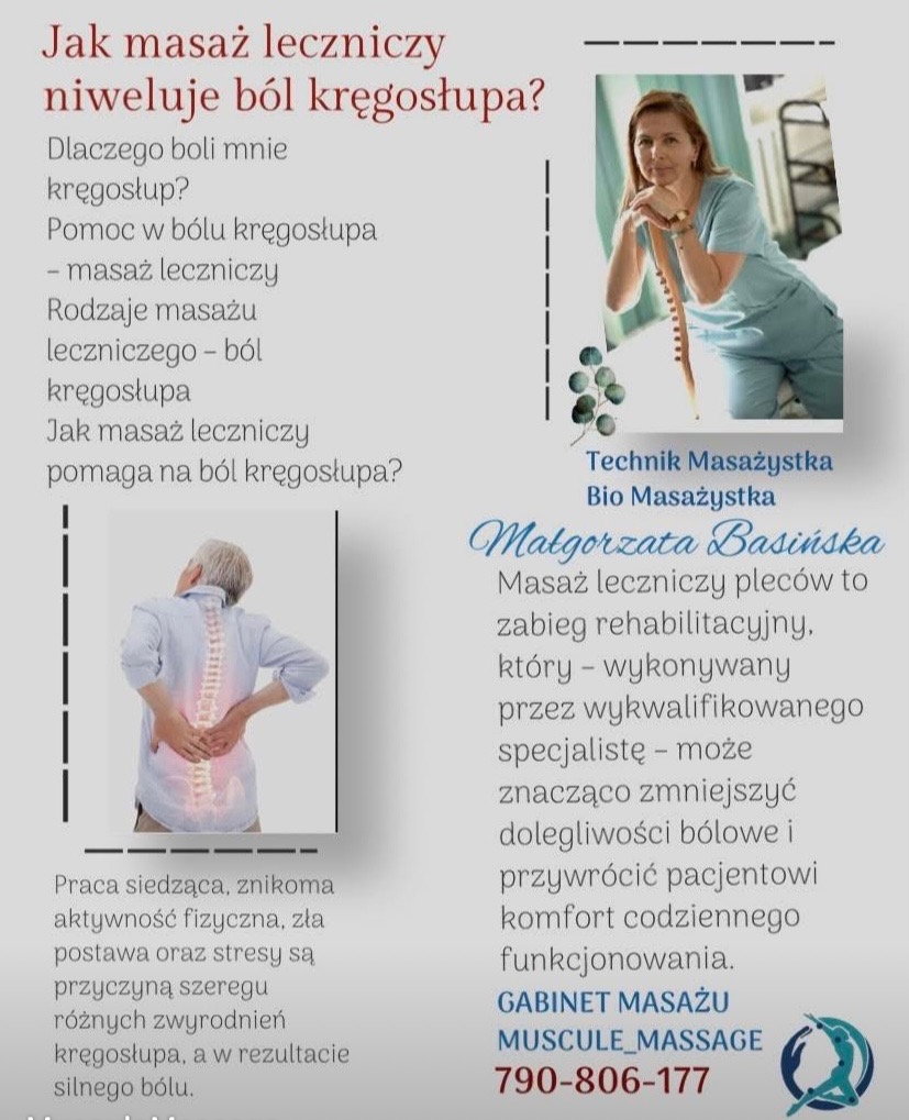 Grafika informacyjna: masażystka, osoba z bólem pleców, tekst o masażu leczniczym i jego wpływie na kręgosłup. Numer telefonu do gabinetu.