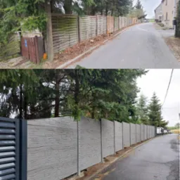 Porównanie starego i nowego ogrodzenia panelowego w Witnicy: drewniane poziome deski kontra szare panele imitujące kamień, widok z perspektywy ulicy.
