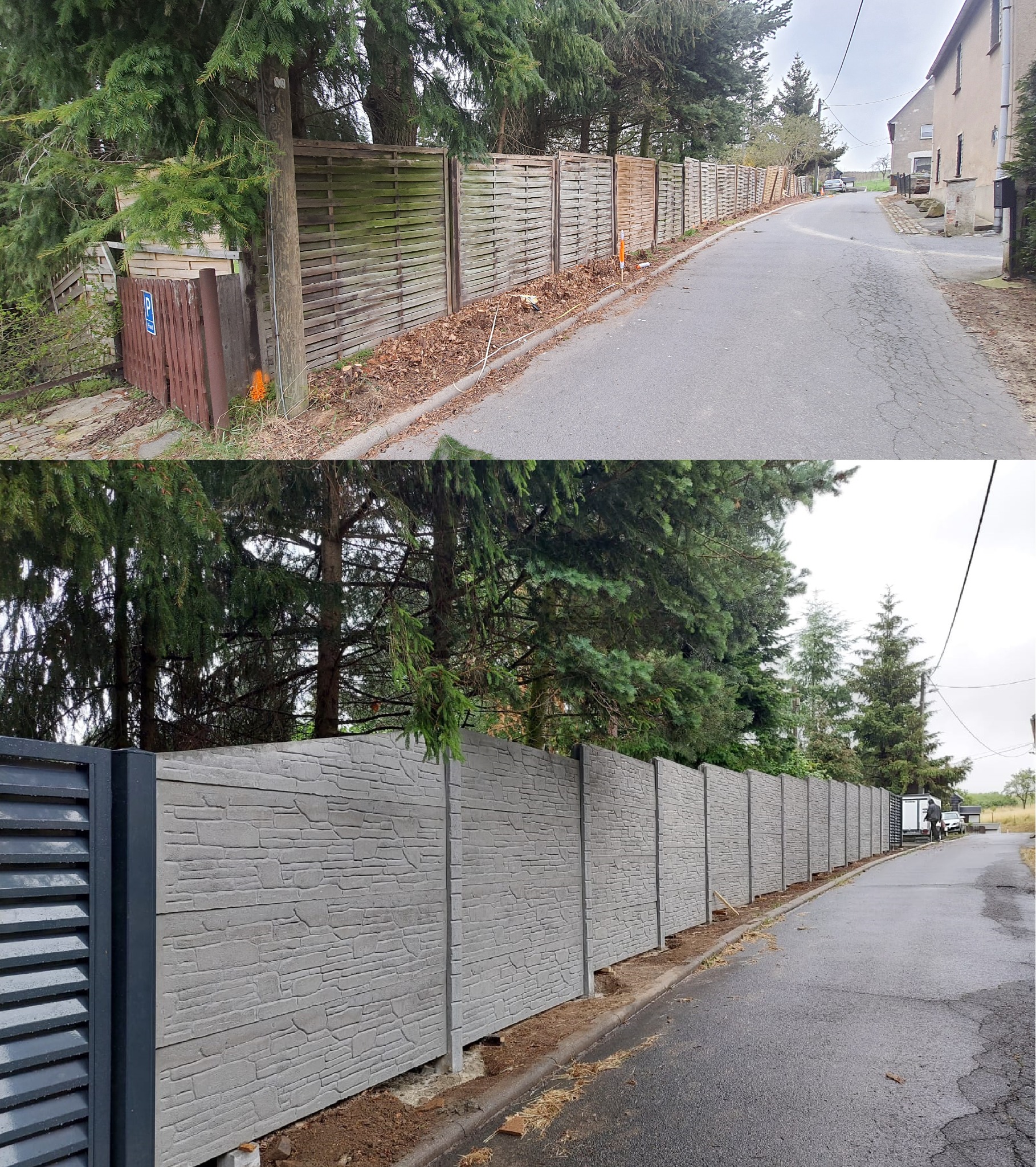 Porównanie starego i nowego ogrodzenia panelowego w Witnicy: drewniane poziome deski kontra szare panele imitujące kamień, widok z perspektywy ulicy.