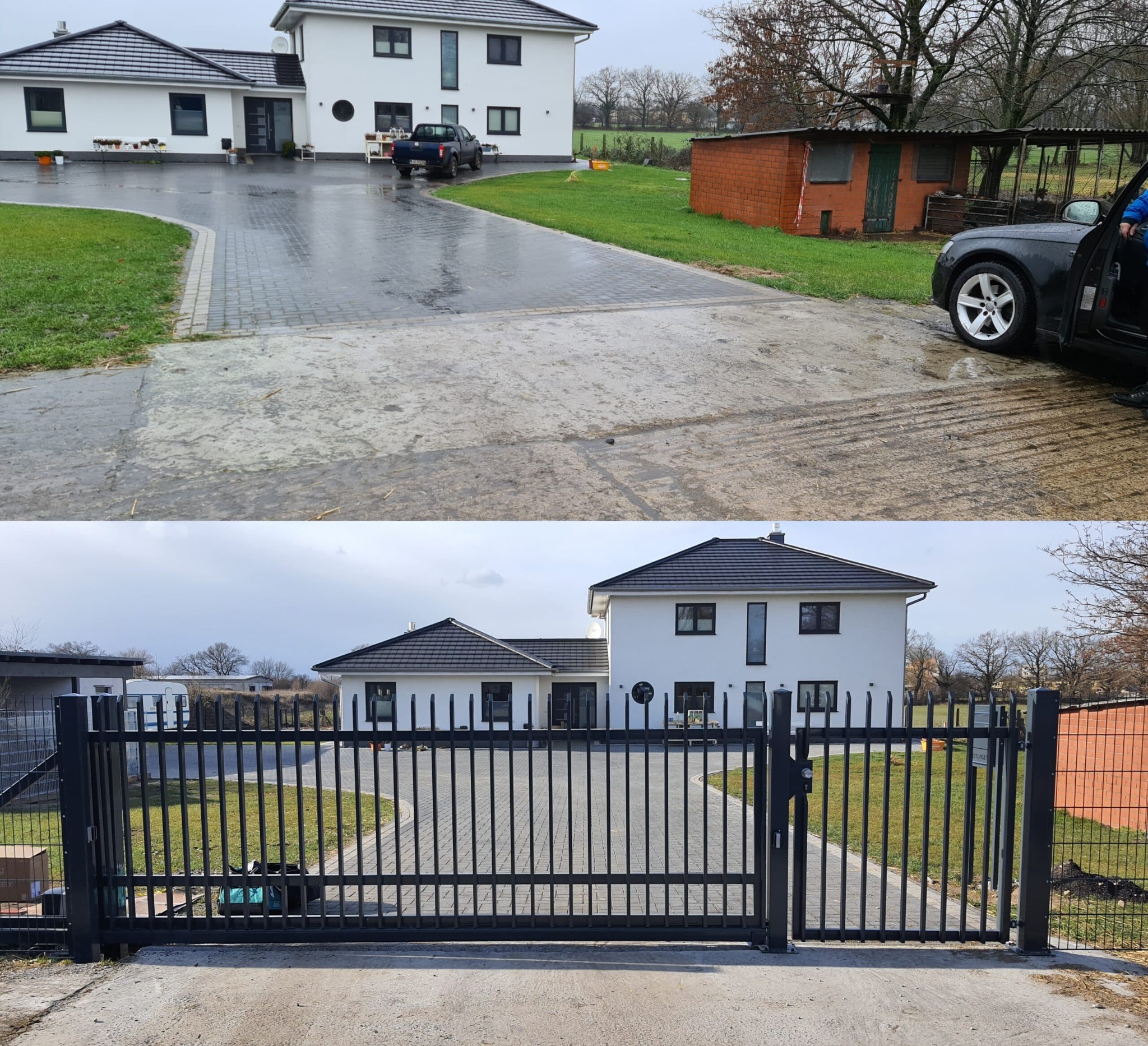 Porównanie stanu przed i po montażu bramy wjazdowej na posesji z kostki brukowej, widok na dom w tle.