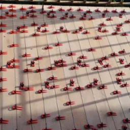 Jasne deski balkonowe, wyrównane za pomocą czerwonych klipsów poziomujących z czarnymi pierścieniami, ułożone w regularnych odstępach, w tle zielona metalowa balustrada.