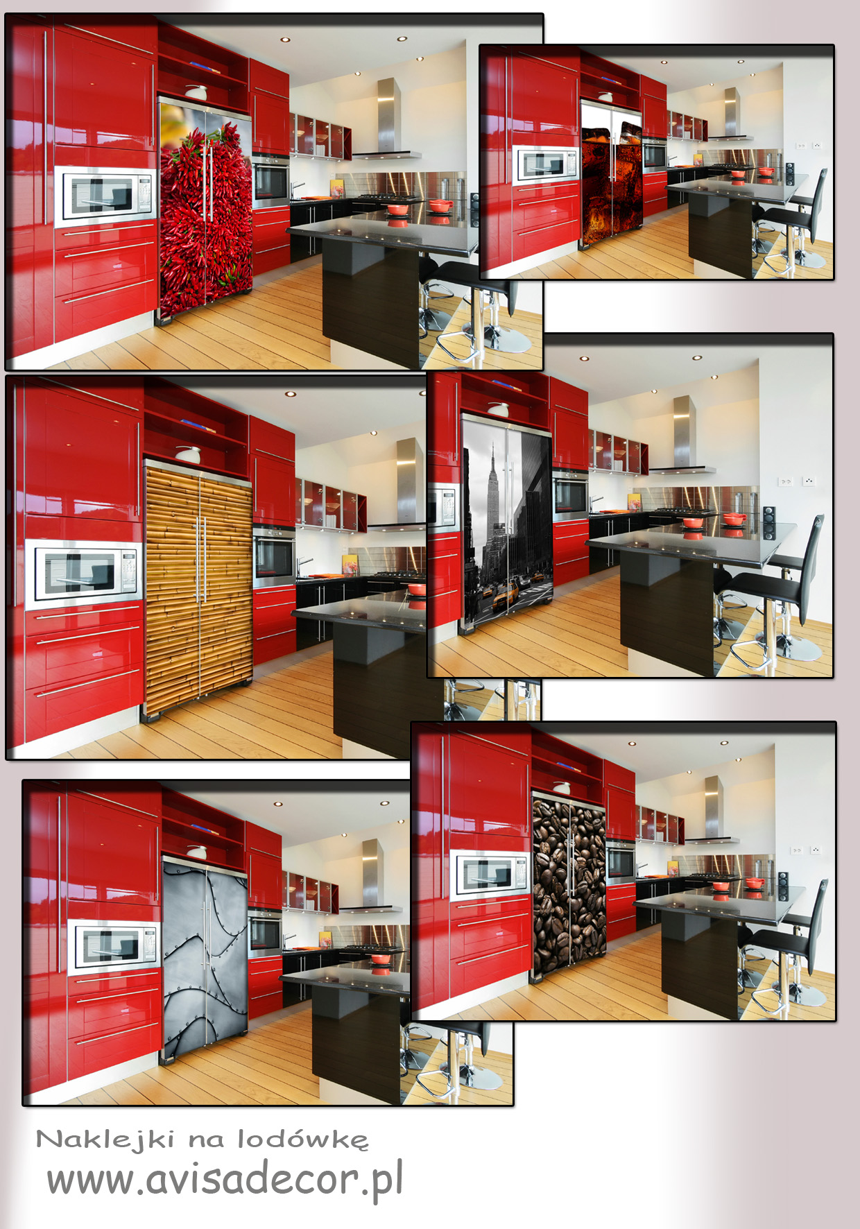 Kolaż przedstawiający nowoczesną czerwoną kuchnię z naklejkami na lodówkę o różnych wzorach: papryczki chili, bambus, nowojorski drapacz chmur, metalowe płyty oraz ziarna kawy.