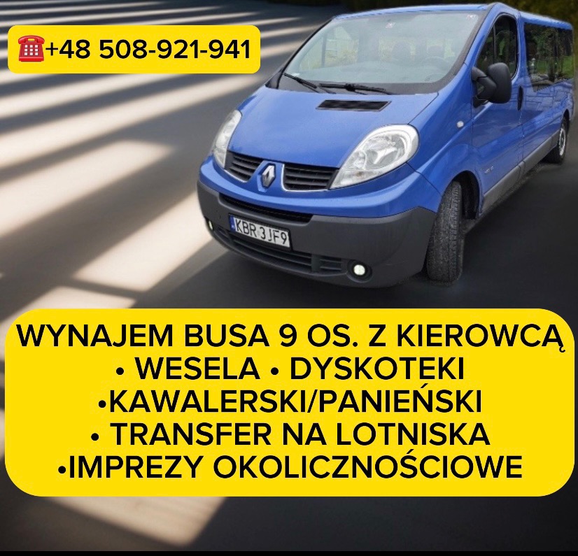 Niebieski bus Renault Trafic z numerem telefonu i ofertą wynajmu na wesela, dyskoteki, imprezy okolicznościowe i transfery lotniskowe, widoczny z przodu, z lekko uniesionym kątem.