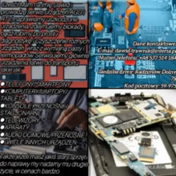 Reklama serwisu urządzeń AGD i RTV z hasłem 'Elektraw', kontaktem e-mail, numerem telefonu i adresem firmy. Na zdjęciu widoczne płyty główne urządzeń elektronicznych, smartfon z otwartą obudową...