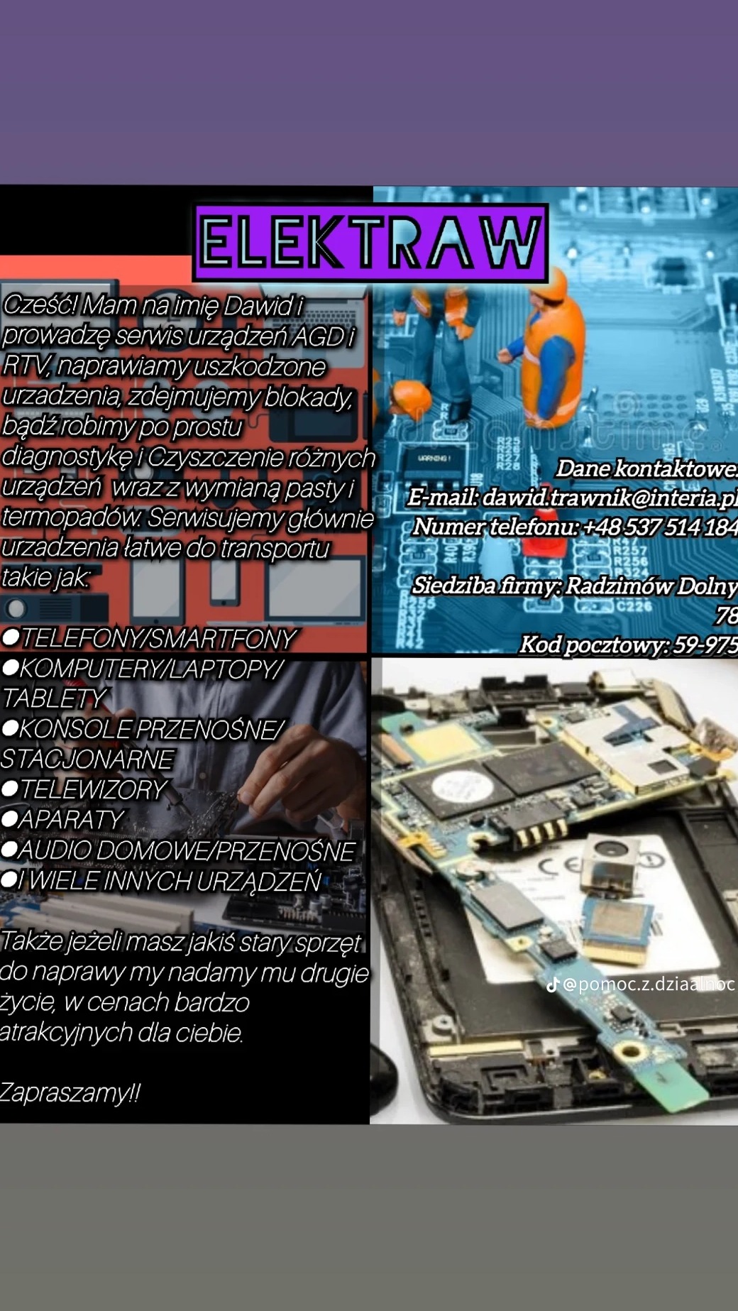 Reklama serwisu urządzeń AGD i RTV z hasłem 'Elektraw', kontaktem e-mail, numerem telefonu i adresem firmy. Na zdjęciu widoczne płyty główne urządzeń elektronicznych, smartfon z otwartą obudową...