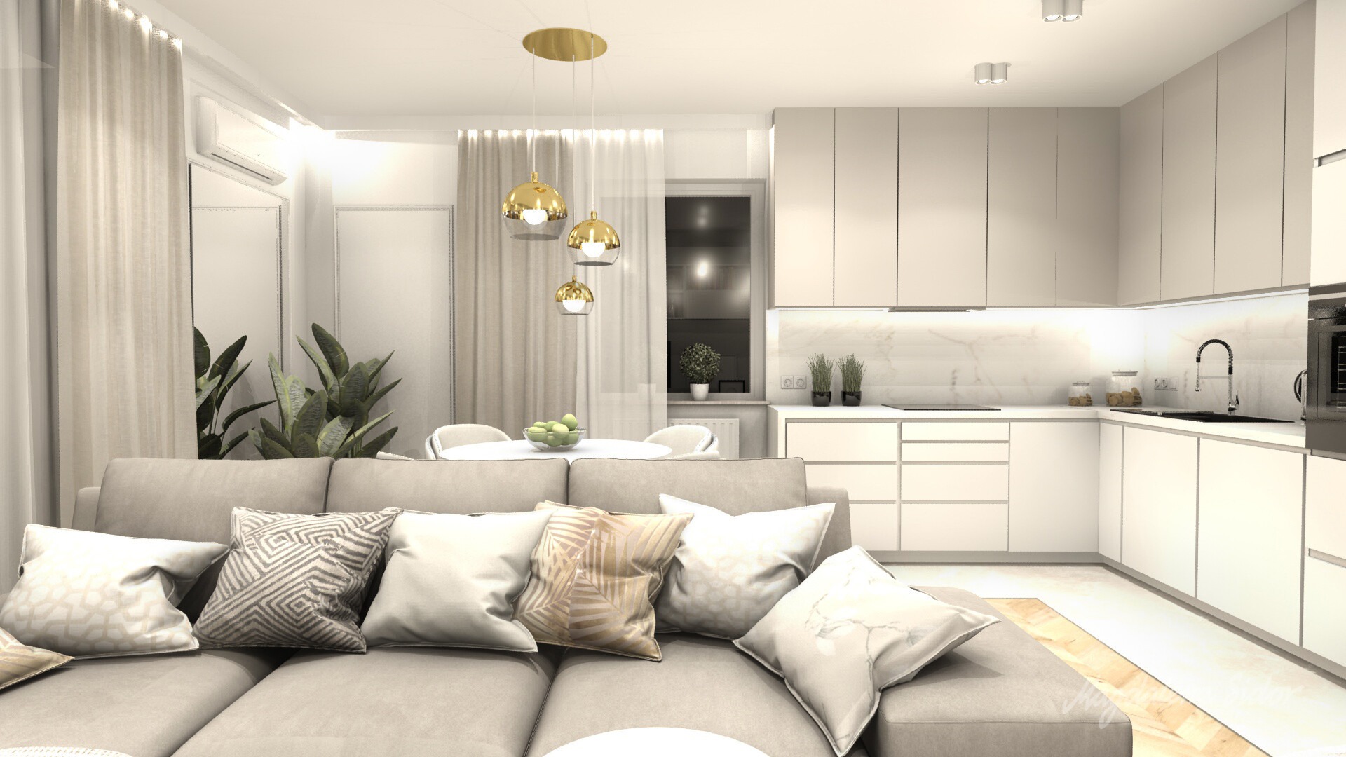 Jasne wnętrze: beżowa sofa z dekoracyjnymi poduszkami, okrągły stół jadalny z owocami, biała zabudowa kuchenna z marmurowym backsplashiem i złotymi lampami wiszącymi.
