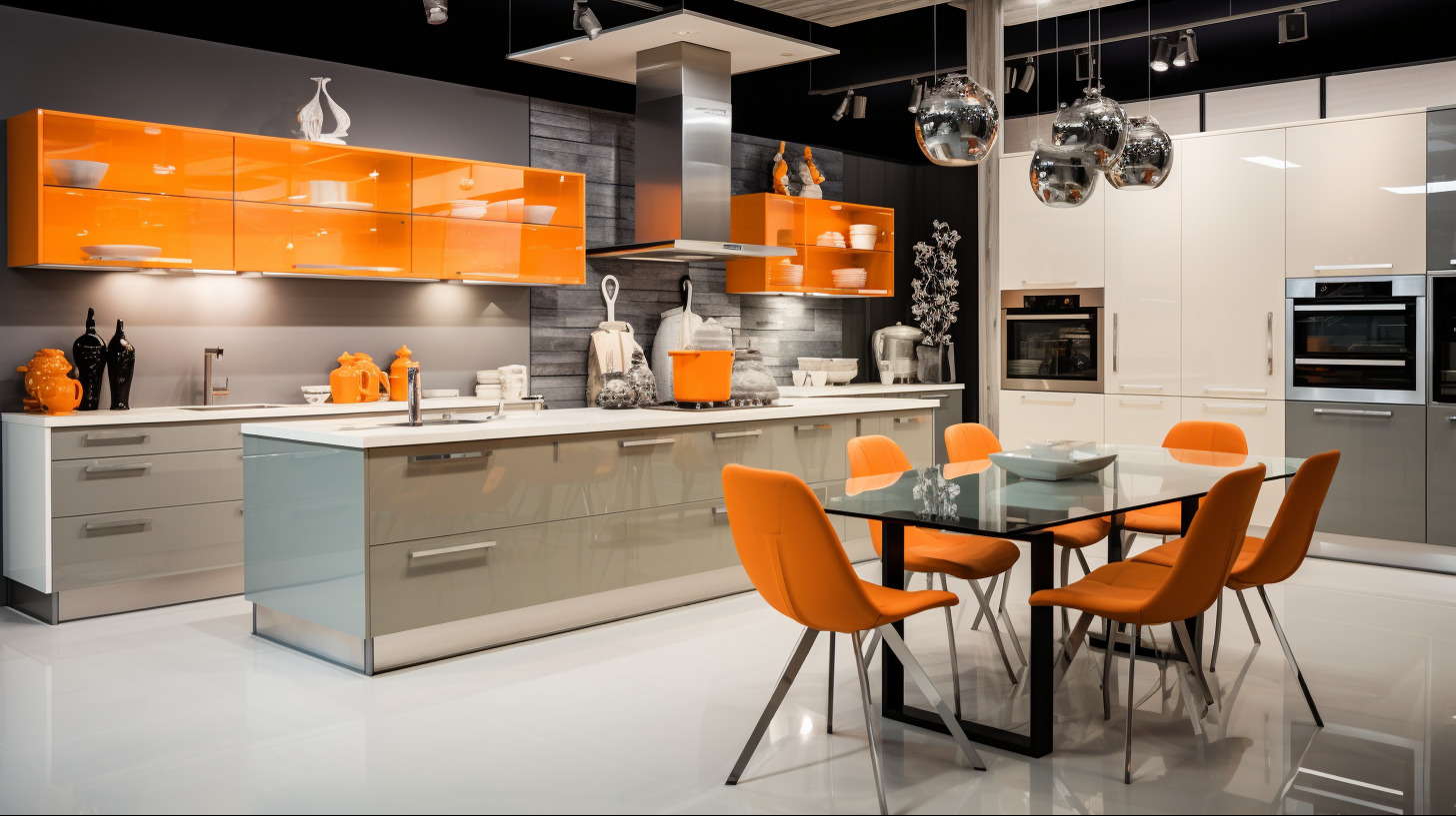 Nowoczesna kuchnia z pomarańczowymi akcentami: szafki wiszące, krzesła przy szklanym stole i srebrne lampy wiszące.