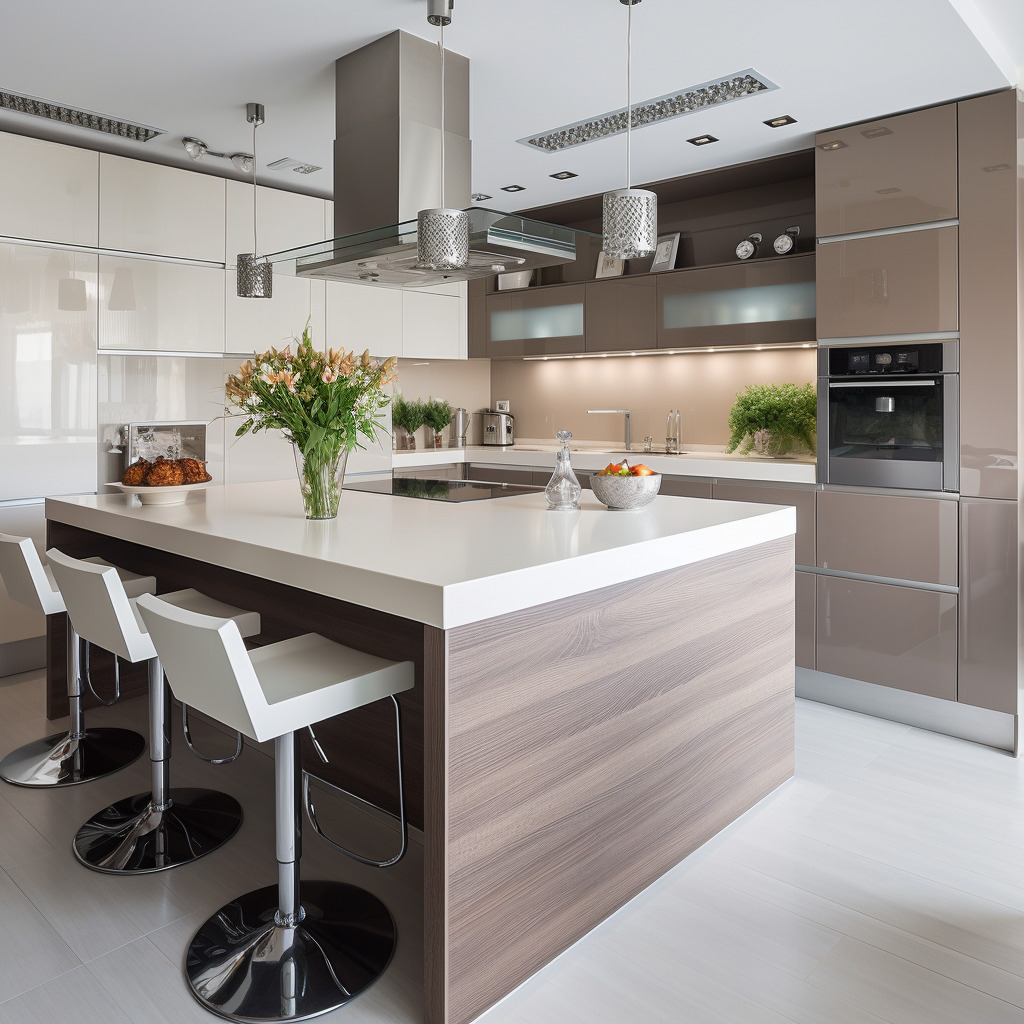 Nowoczesna kuchnia z wyspą: biały blat, drewnopodobna okleina, chromowane hokery, kwiaty w wazonie, beżowe szafki z połyskiem, oświetlenie punktowe i okap.