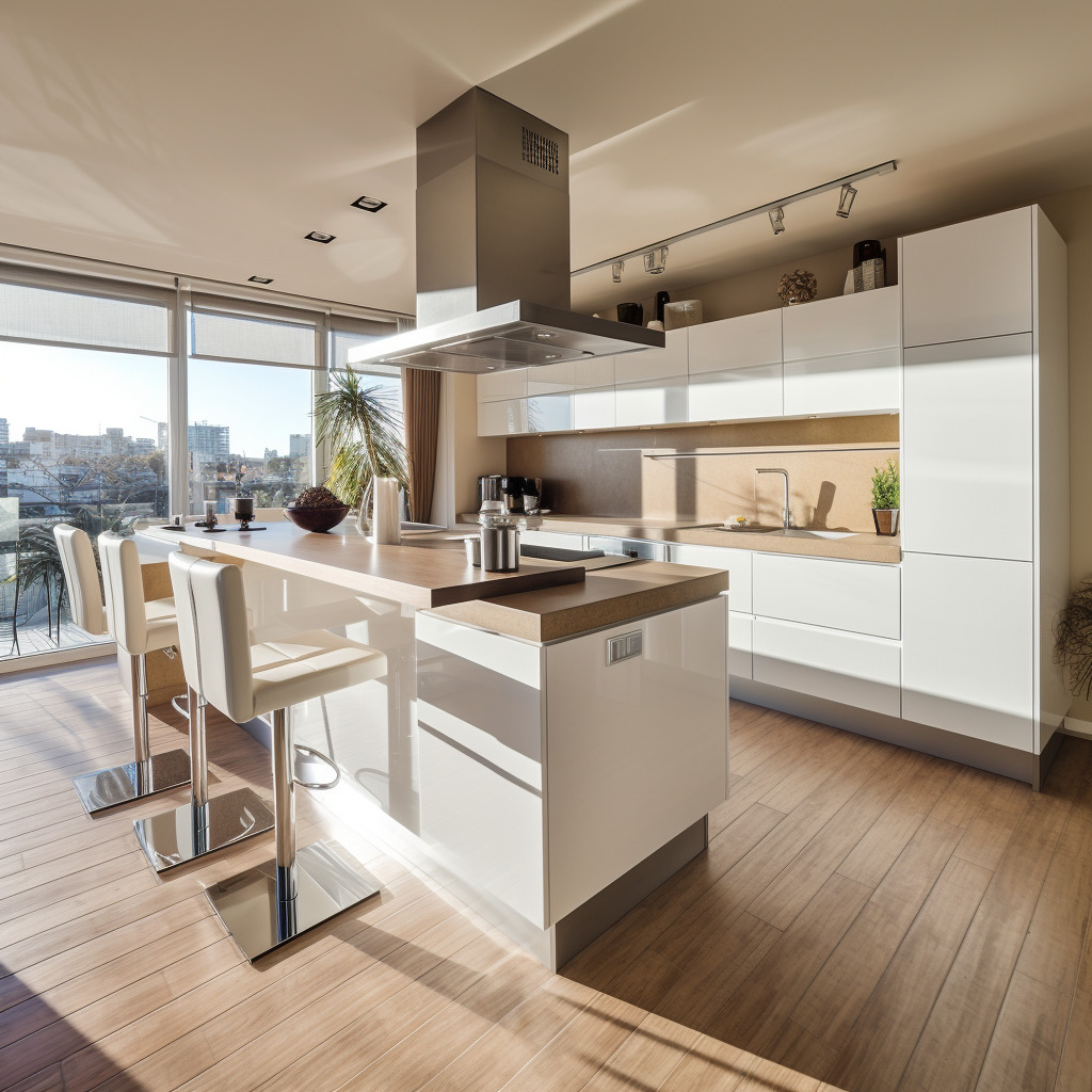 Nowoczesna, jasna kuchnia z wyspą i białymi frontami, oświetlona promieniami słońca padającymi przez okno balkonowe z widokiem na miasto.