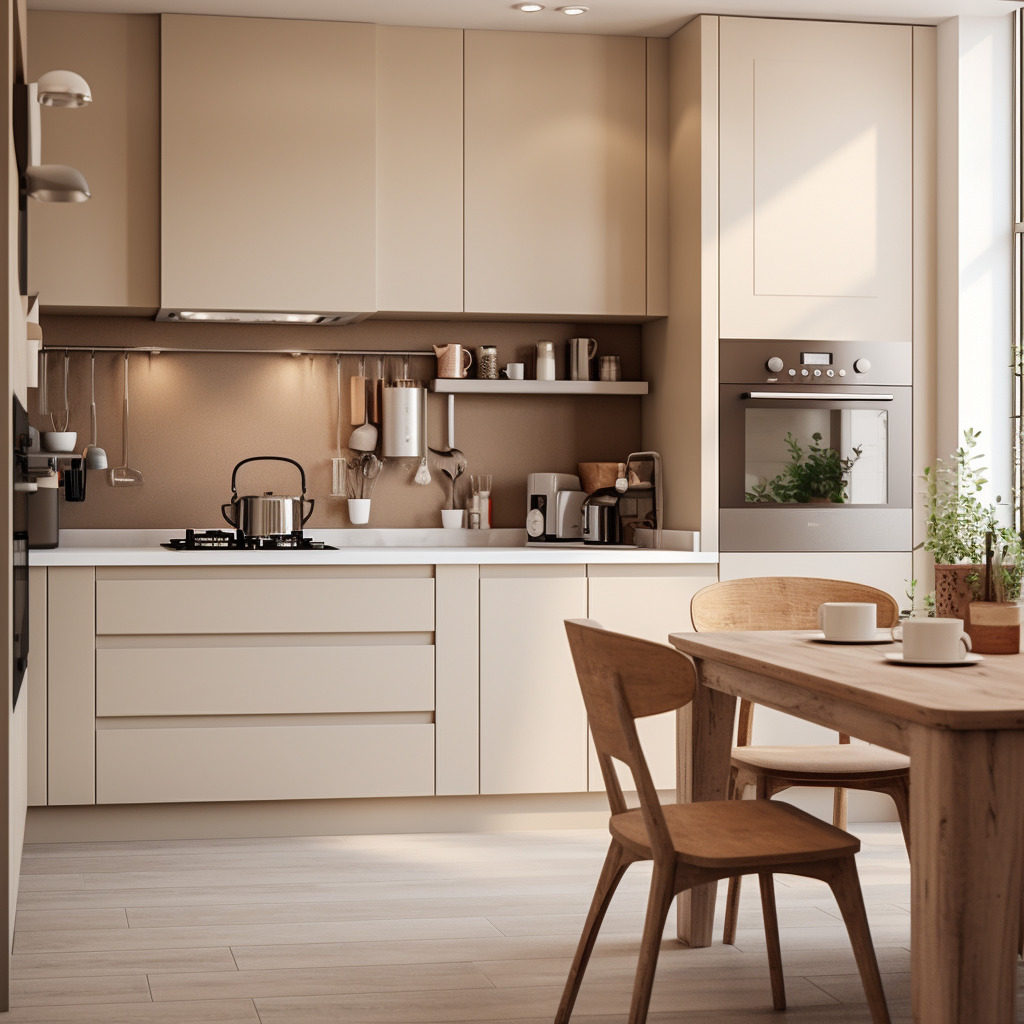 Jasna, minimalistyczna zabudowa kuchenna z drewnianym stołem i krzesłami w słonecznym wnętrzu. Na blacie czajnik i drobne akcesoria kuchenne, a w tle piekarnik z rośliną w środku.
