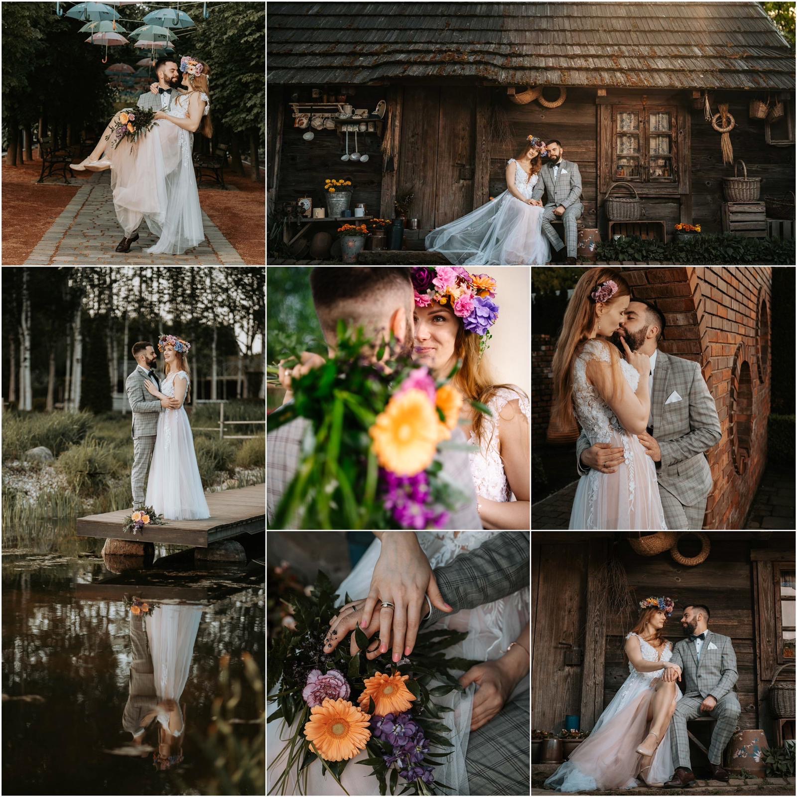 Kolaż z sesji ślubnej w rustykalnym stylu: para młoda w kwiecistych wiankach, ujęcia z bukietem, drewniane budynki w tle, odbicie w wodzie.